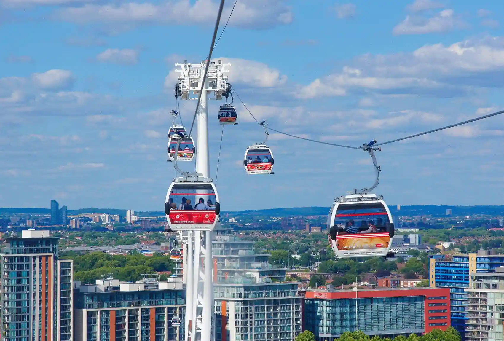 Emirates Airline London Cable Car crossing River Thames. Emirates Airline London Cable Car.