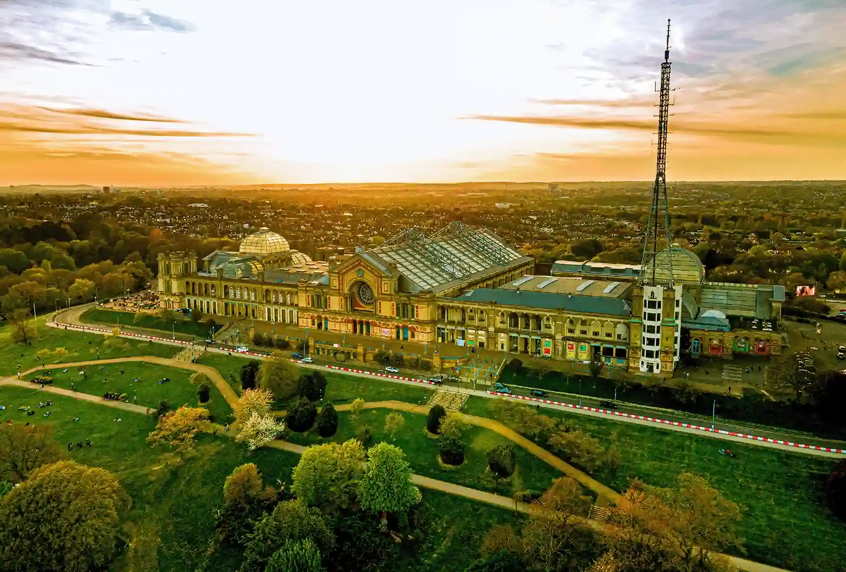 Panorama view of North London from Alexandra Park, featuring a stunning sunset over Alexandra Palace Alexandra Palace and Park, London, at sunset