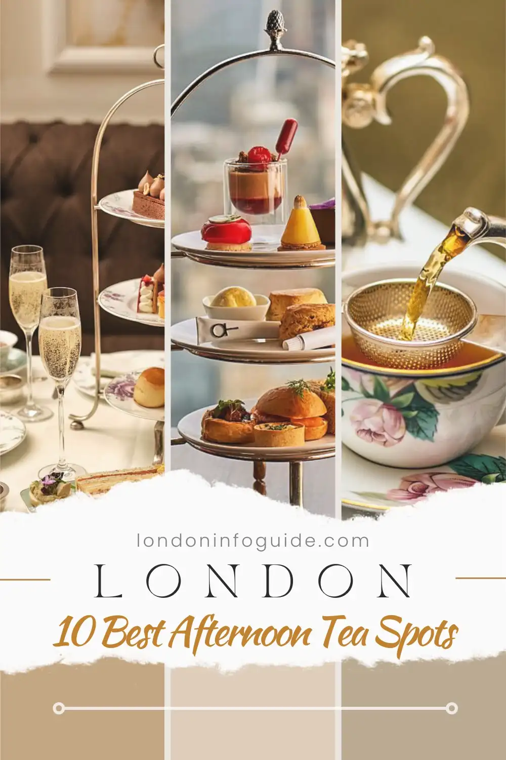 Elegant afternoon tea displays in London.