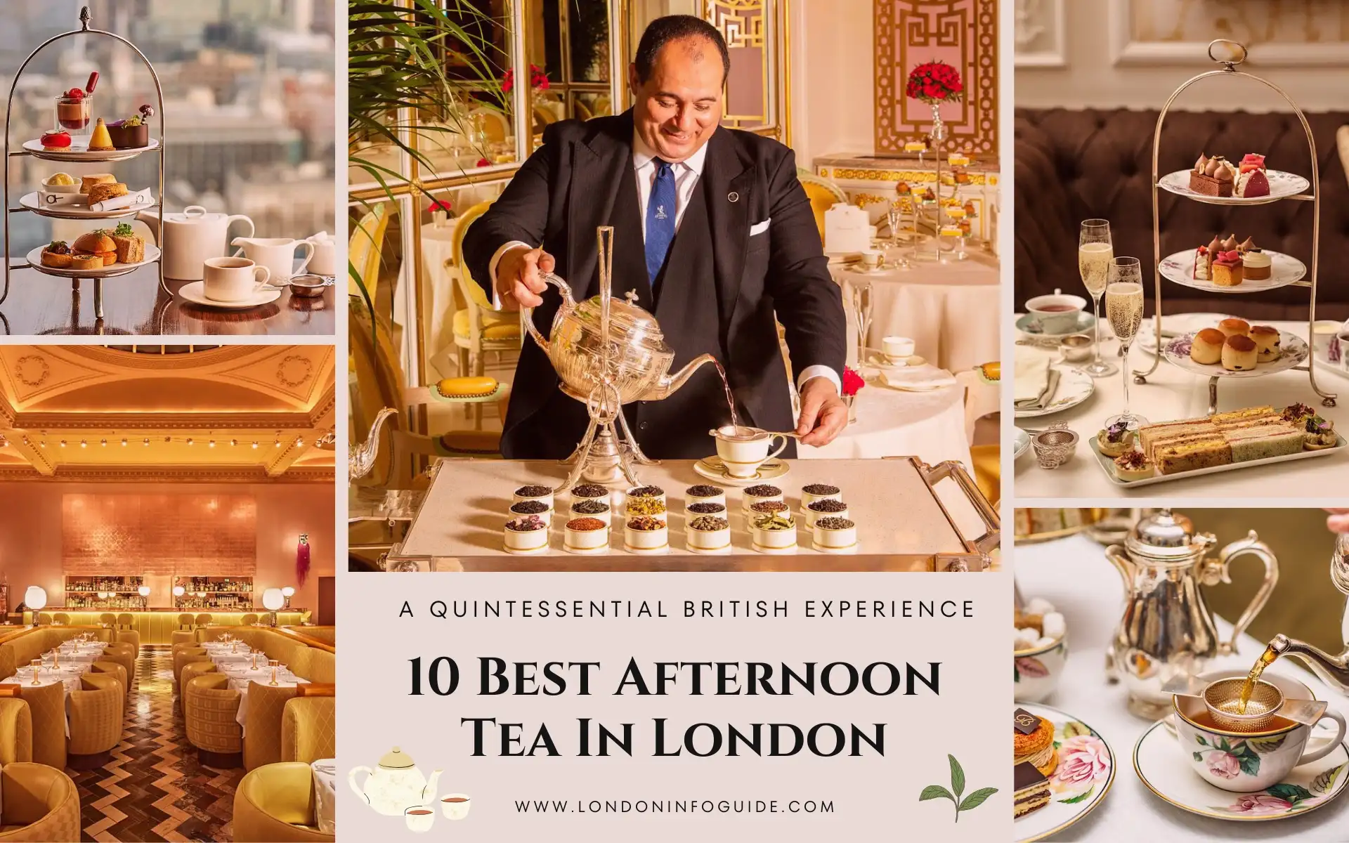 Collage of the best afternoon tea spots in London.