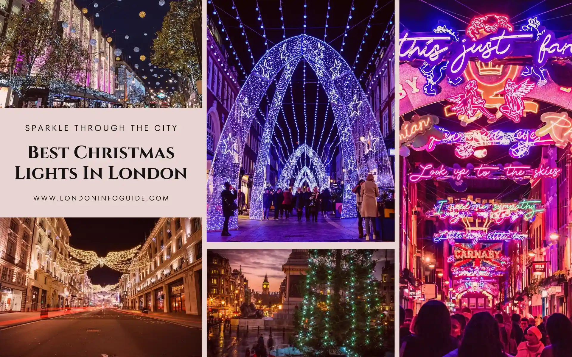 A collage of London Christmas lights featuring sparkling streets, illuminated archways, and vibrant neon signs.