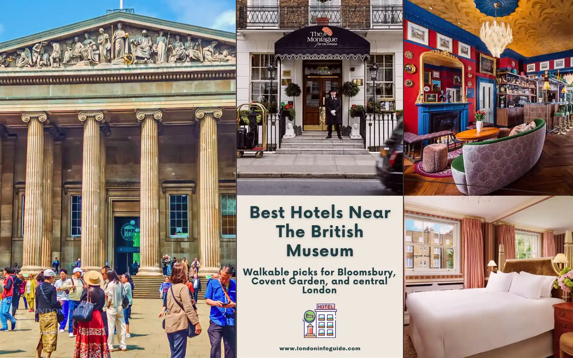 Hotels Near British Museum London with museum entrance, lounge, and bedroom.