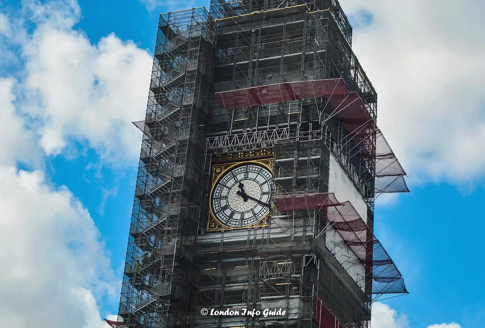 Scaffolding around the Big Ben in London during the 5-year restoration. Big Ben London Renovation.