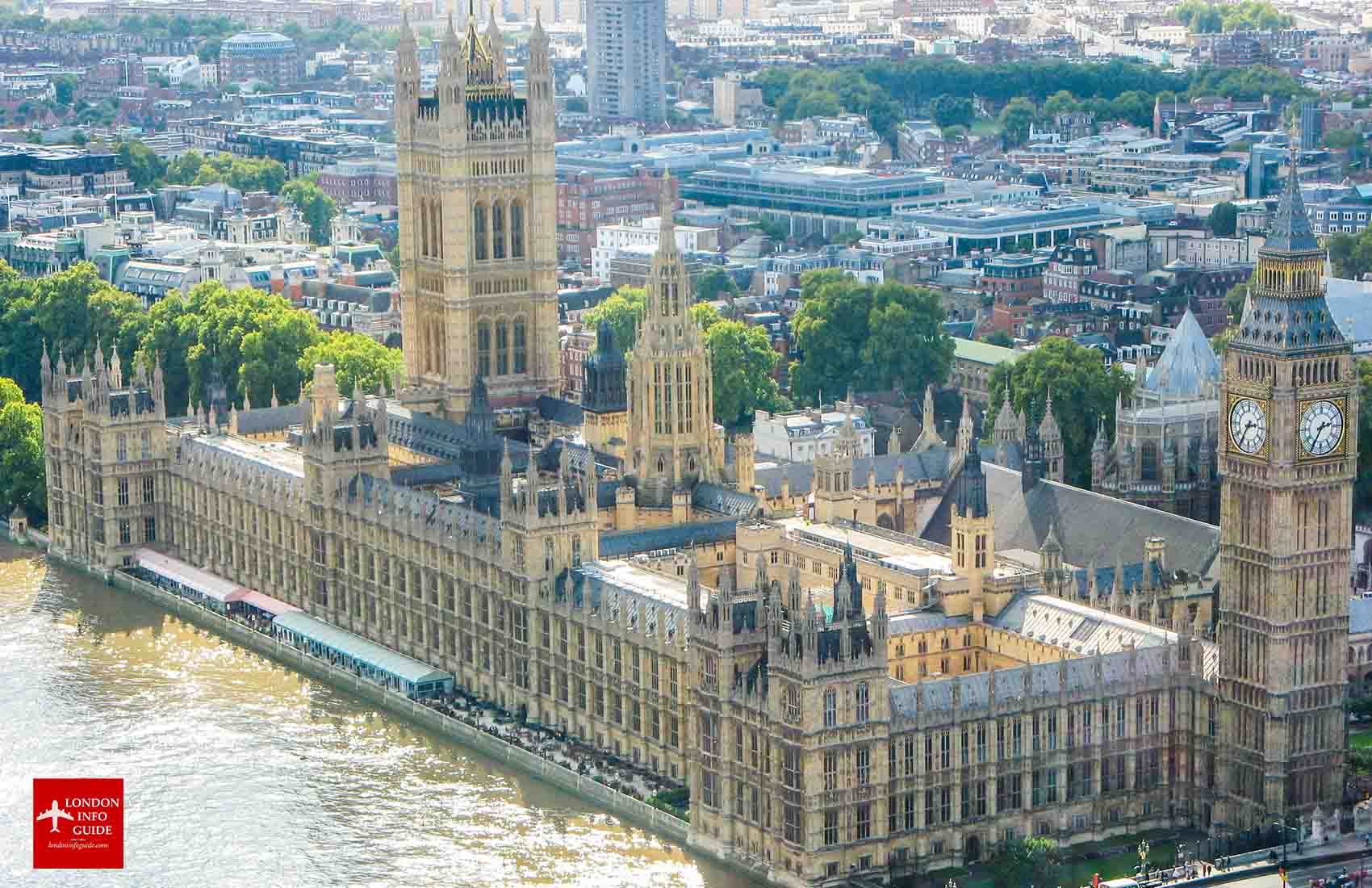 A bird's eye view of the Parliament and the Big Ben from the London Eye. Parliament and Big Ben London.