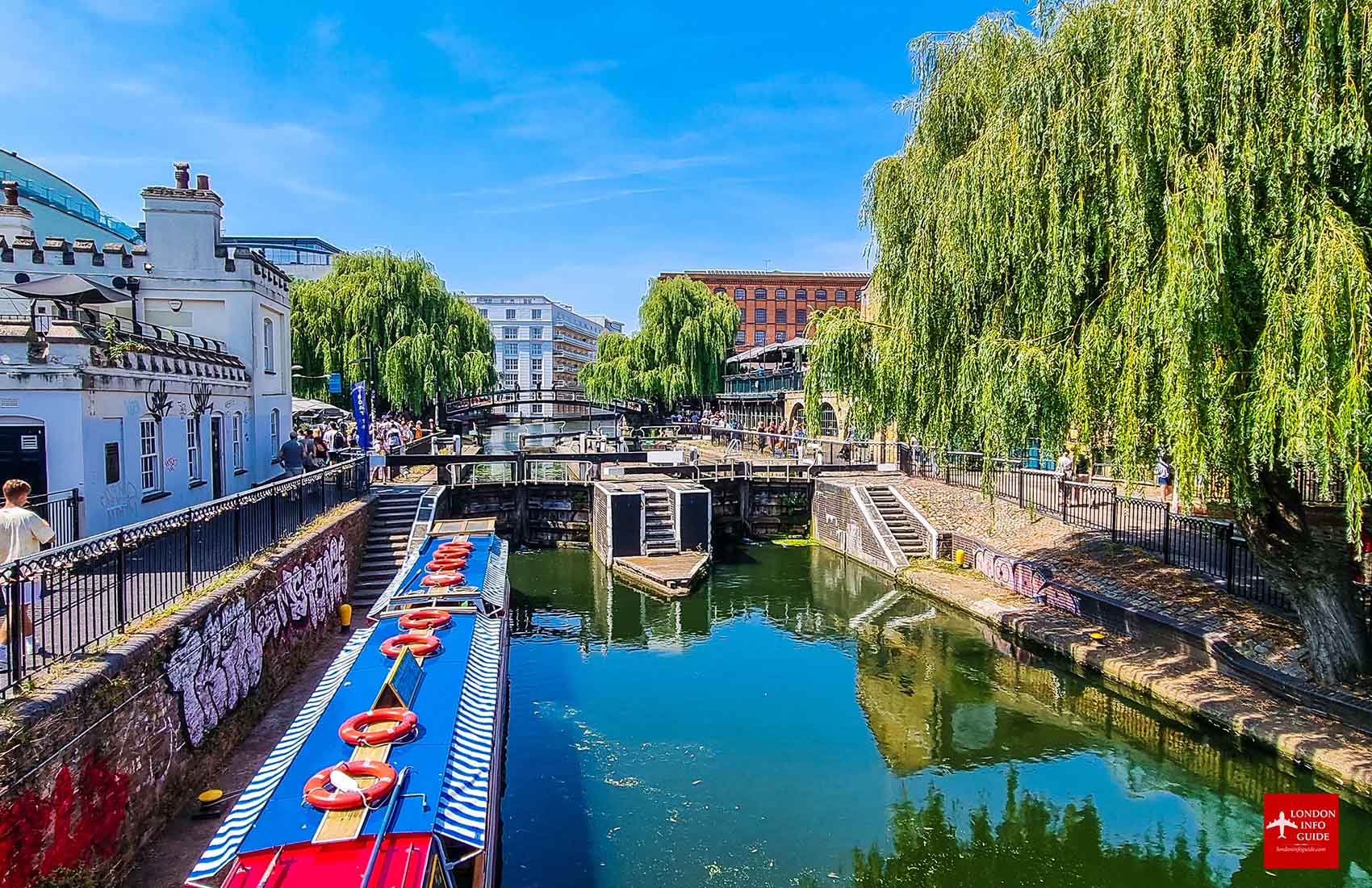 Camden Lock, a vibrant area along the Regent’s Canal, is known for its colorful canal boats and lively market. Camden Lock with colorful canal boats and weeping willow trees.