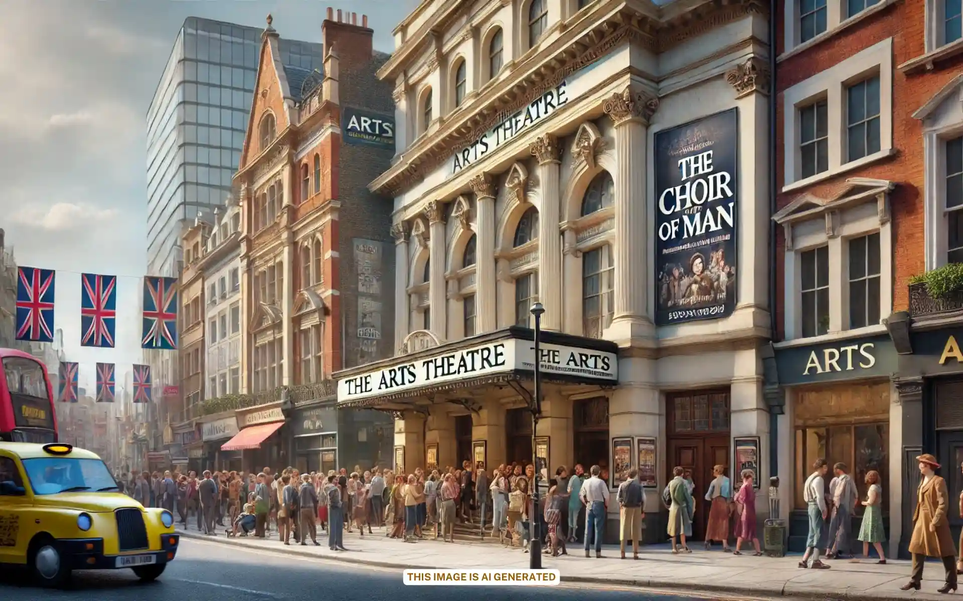 The Arts Theatre in London with 'The Choir of Man' signage and people lining up.
