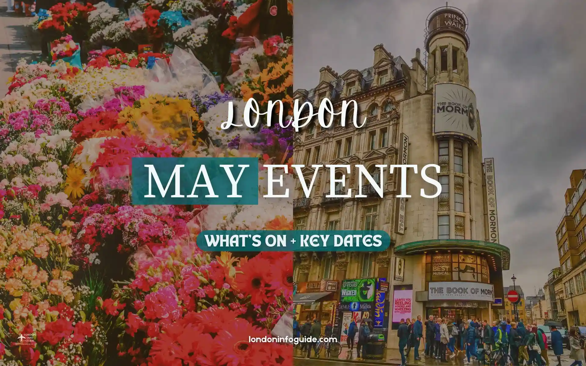 May events guide image showing London street scene and flowers.