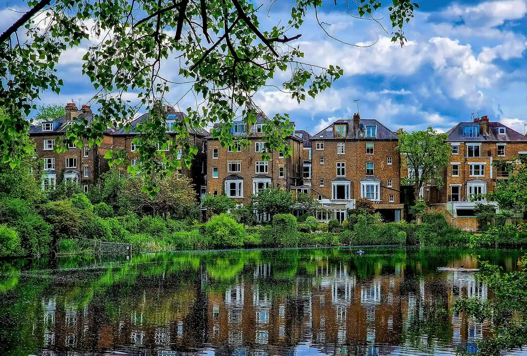 London's Hampstead Heath Pond with reflections and houses in the background Reflections on Hampstead Heath's serene pond