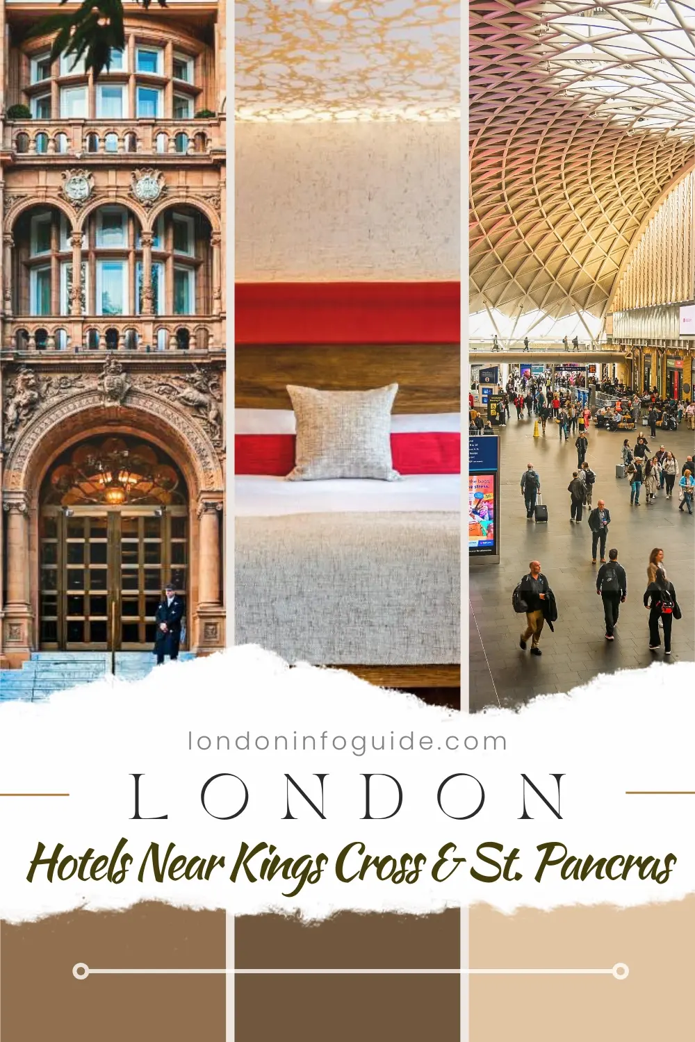 London hotels near King’s Cross and St Pancras collage with station concourse, hotel facade, and bedroom.