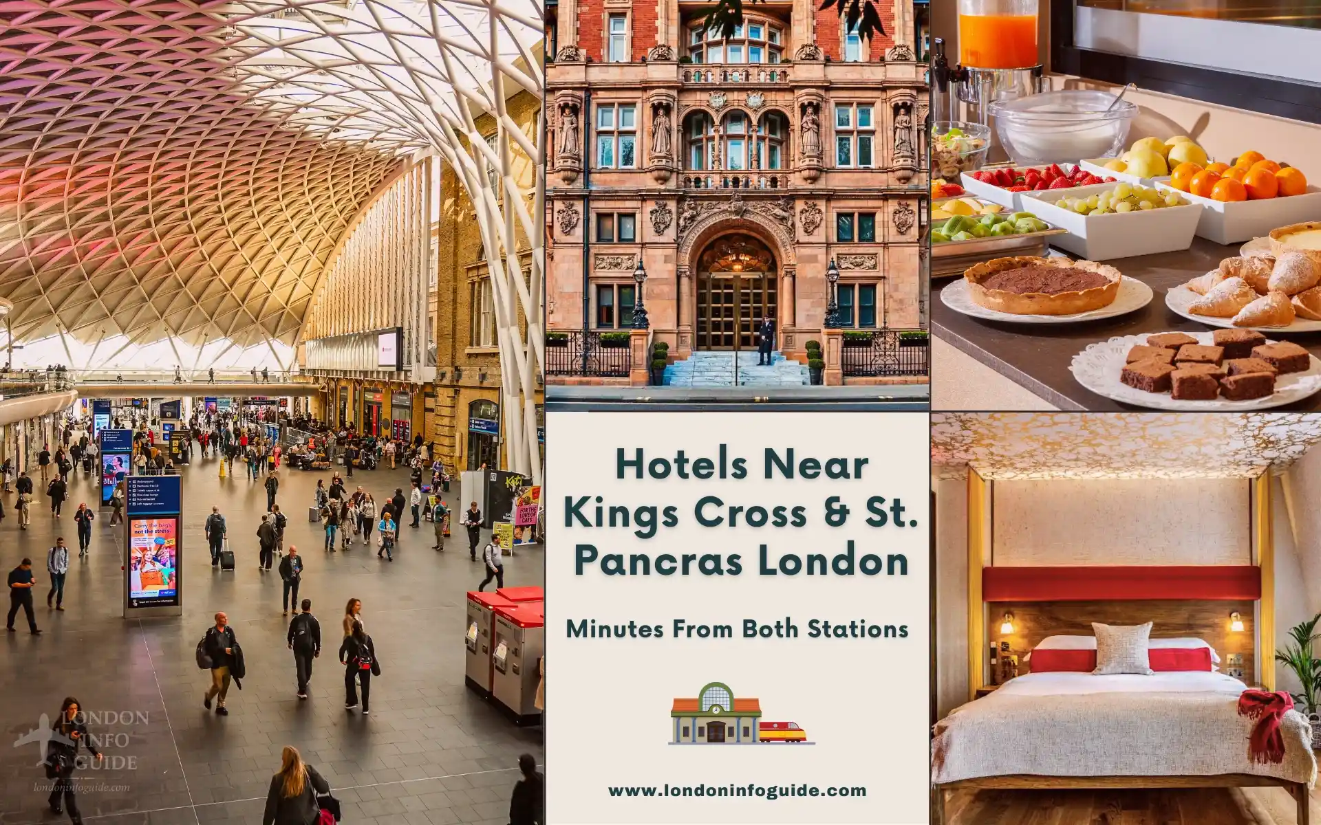 Hotels near King’s Cross and St Pancras London: station, hotel exterior, breakfast and room collage.