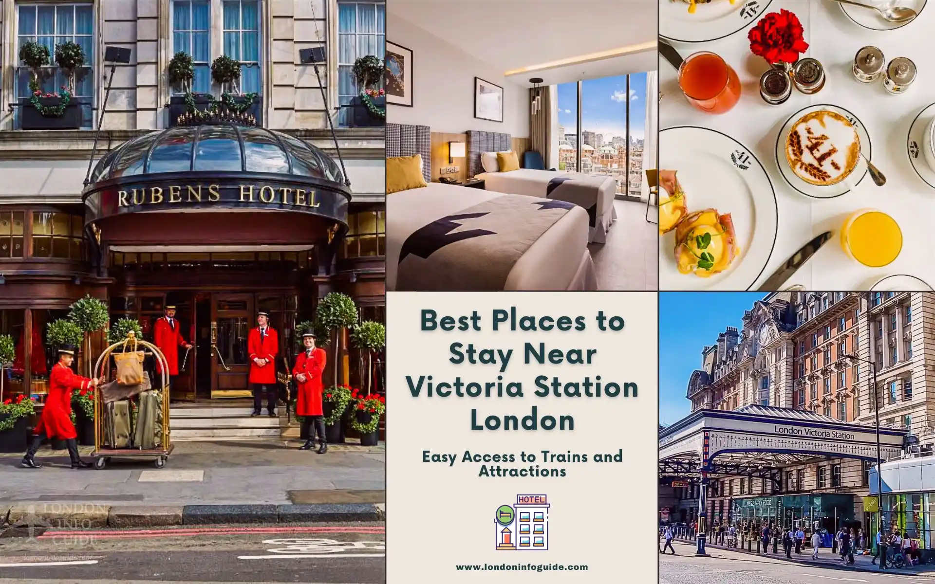 A collage showing Hotels Near Victoria Station, London, with rooms, breakfast, and station view.
