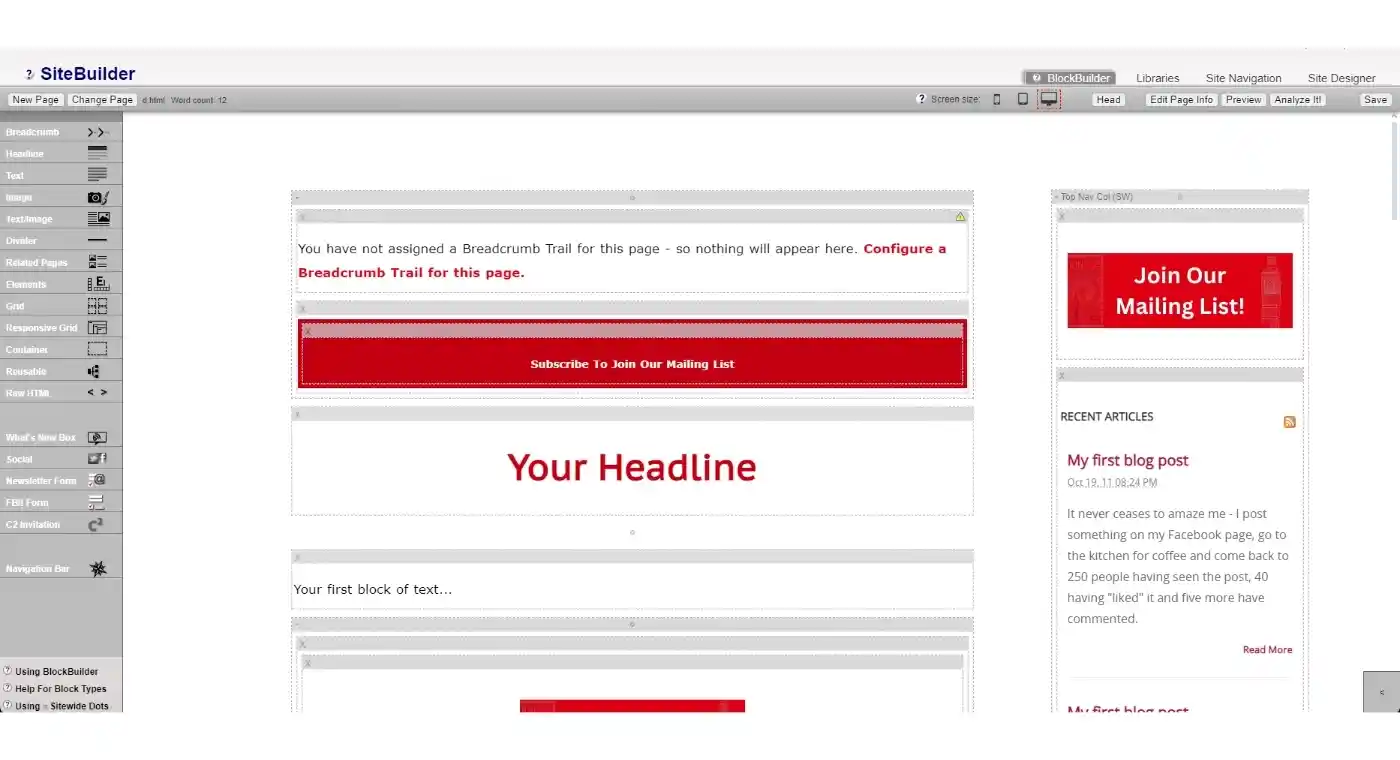 A screenshot of block builder, the builder within Solo Build It to create pages for your website.