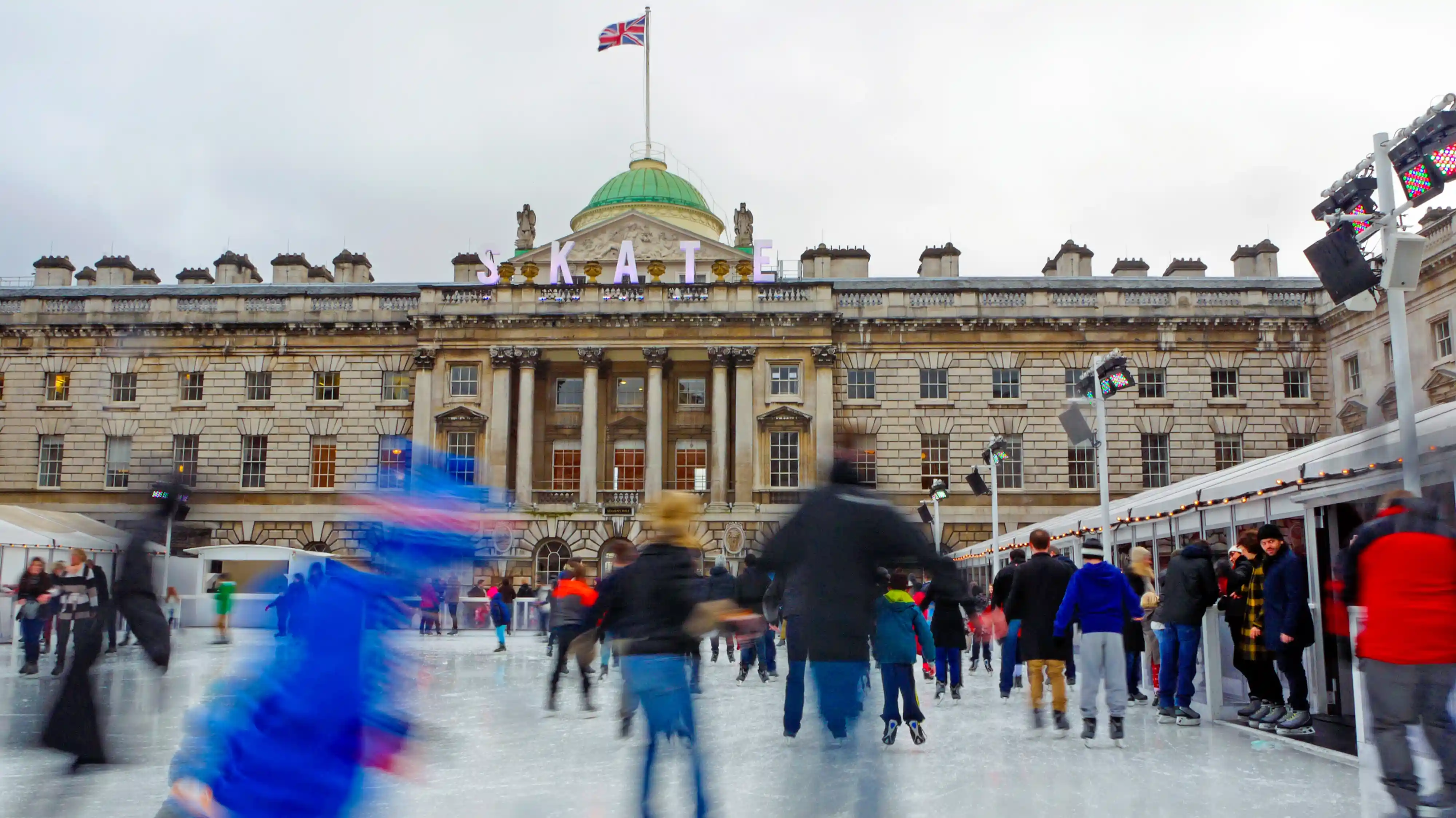 Spend a joyous day at Somerset House in London, where guests may skate on the ice rink set against the landmark building. Ice Skating in London at Somerset House: A Festive Experience.