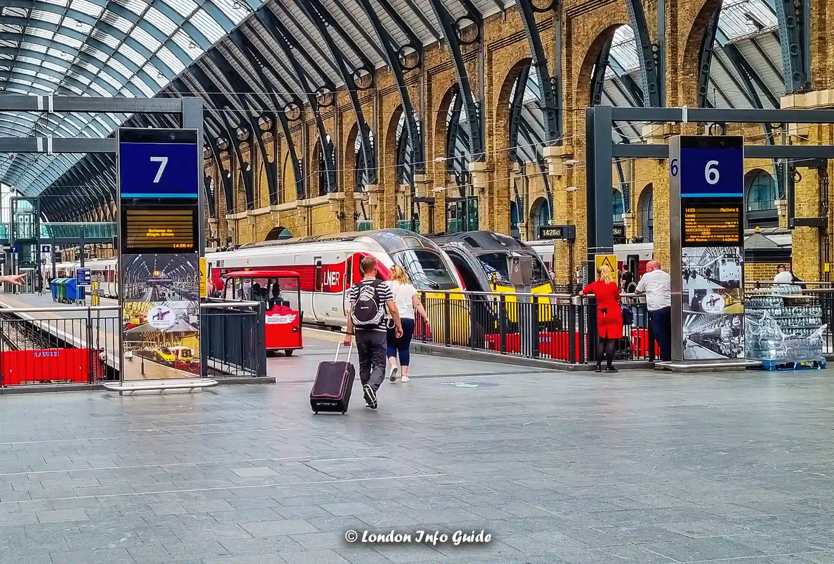 Several platforms at King's Cross Station in London.