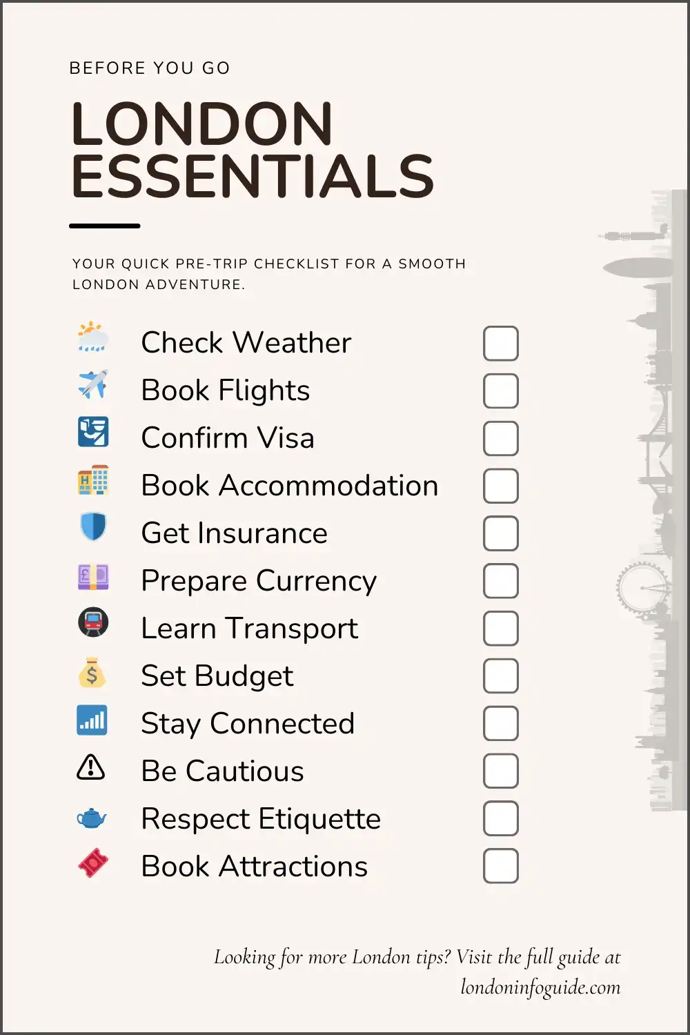 London travel checklist PDF with essential trip planning tips.