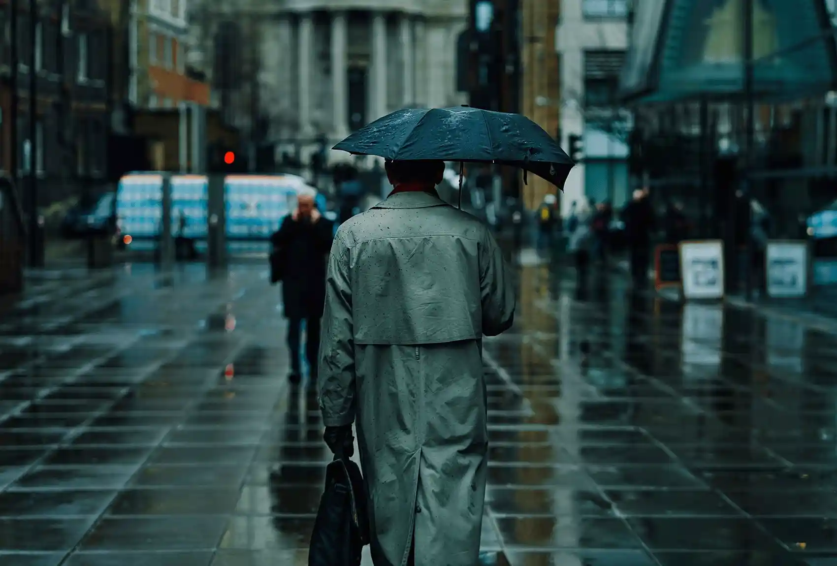 A person with an umbrella walking through London on a rainy day. London in rainy days during Christmas time.