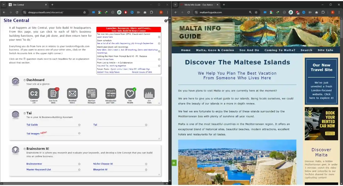 A screenshot of Site Central and Malta Info Guide Homepage.