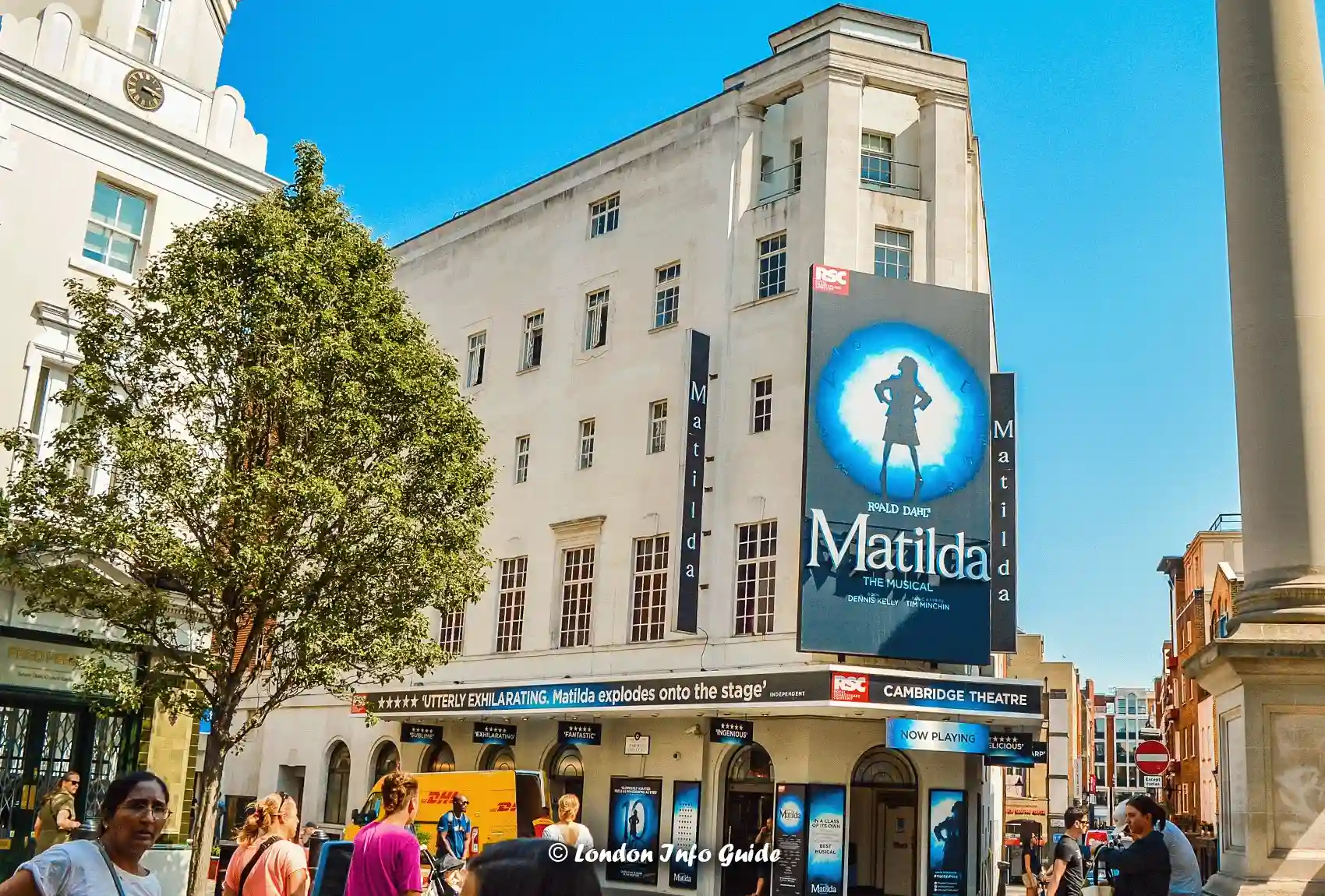 Cambridge Theatre in London showing the Matilda musical signage outside.