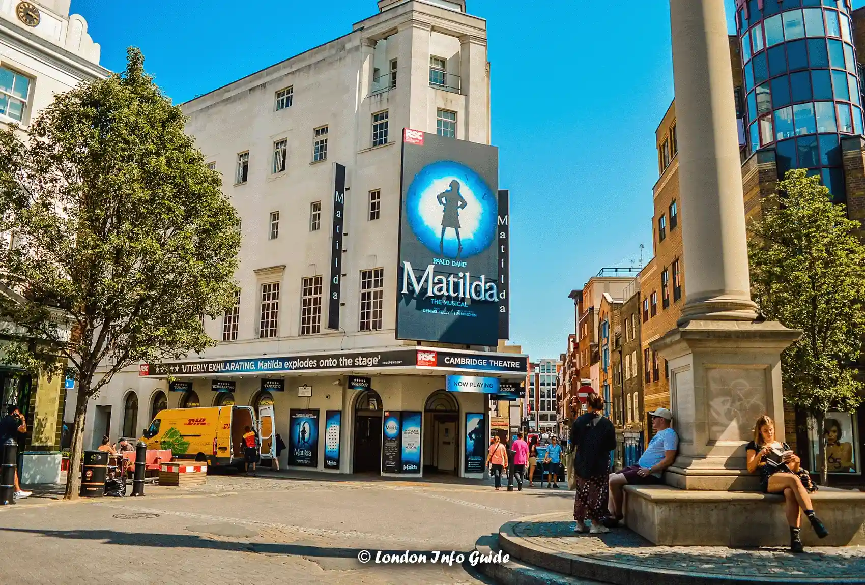 Cambridge Theatre in London with 'Matilda the Musical' posters on the facade.