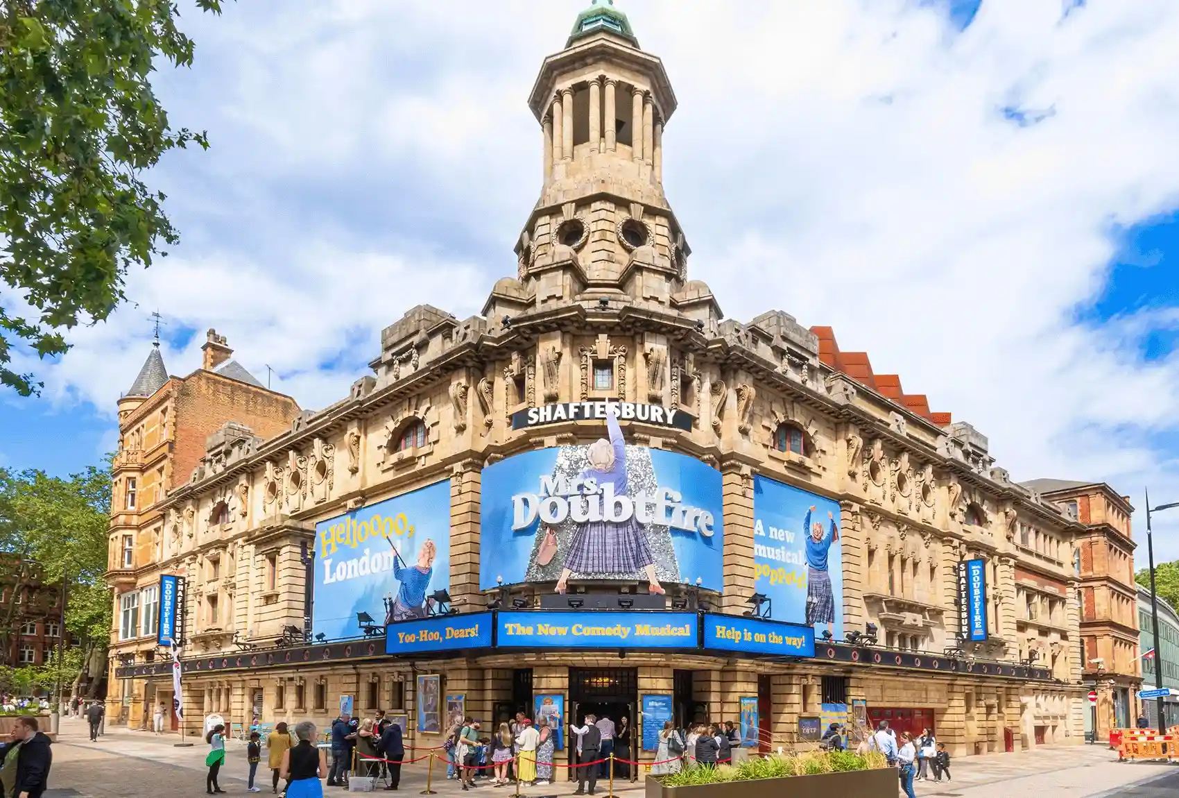 Shaftesbury Theatre with Mrs. Doubtfire London musical posters.