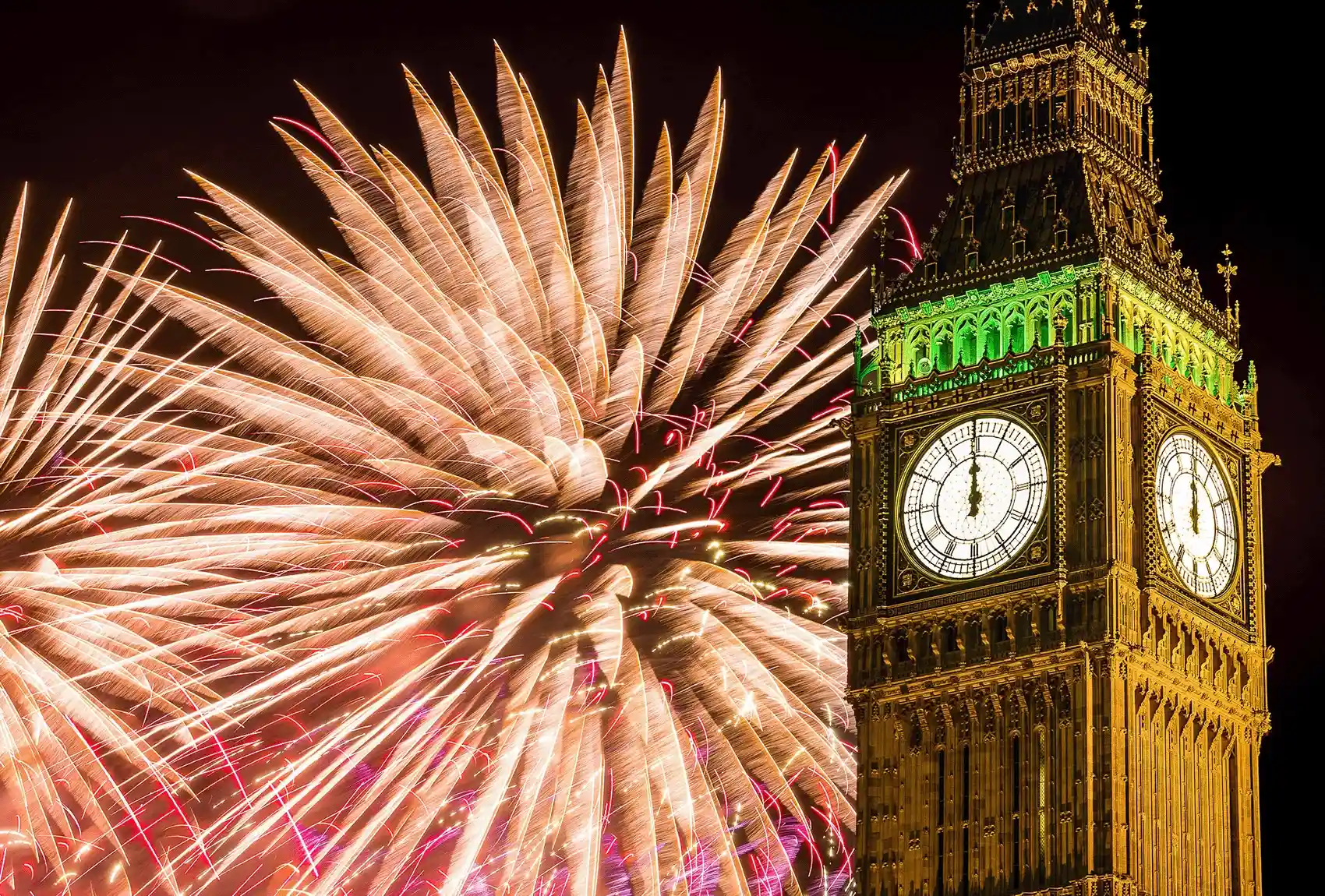 Take in the breathtaking fireworks show behind Big Ben as it lights up the night sky for a joyous celebration in London. Fireworks Over Big Ben: Festive Celebrations in London on New Year's Eve.