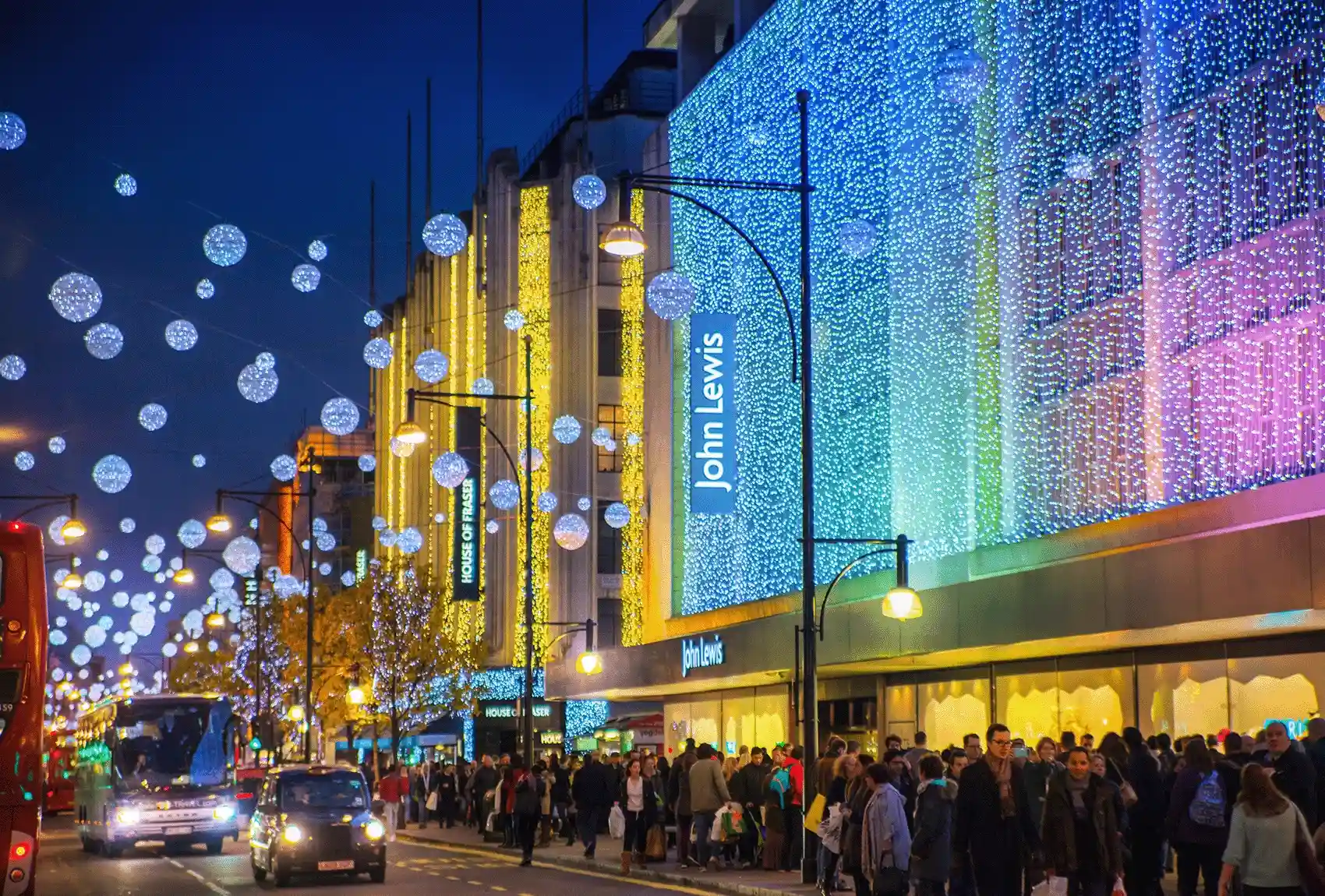 Christmas lights adorn the John Lewis department store on Oxford Street in London. Christmas lights at John Lewis on Oxford Street.