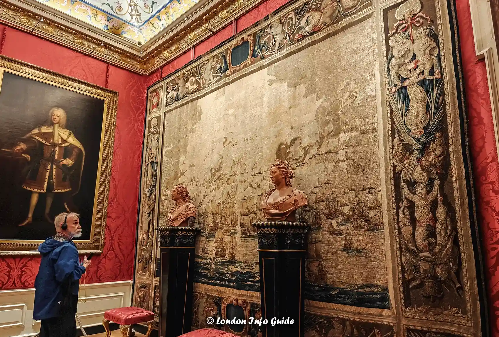 Royal busts and naval tapestry inside Kensington Palace State Rooms.