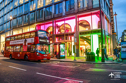 A London double decker bus at Oxford Street.