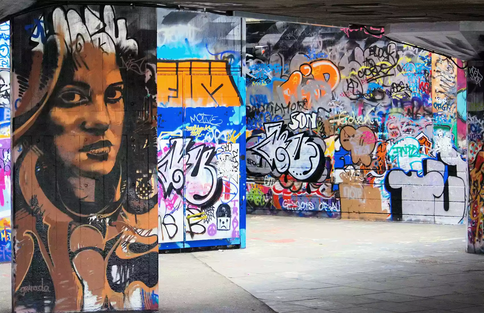Graffiti Murals at South Bank London which you can see whilst in the area. Graffiti Murals at South Bank London.