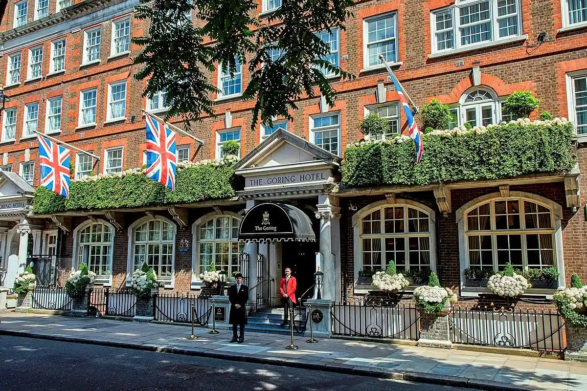 Exterior of The Goring Hotel London UK with the Union Jack flags.