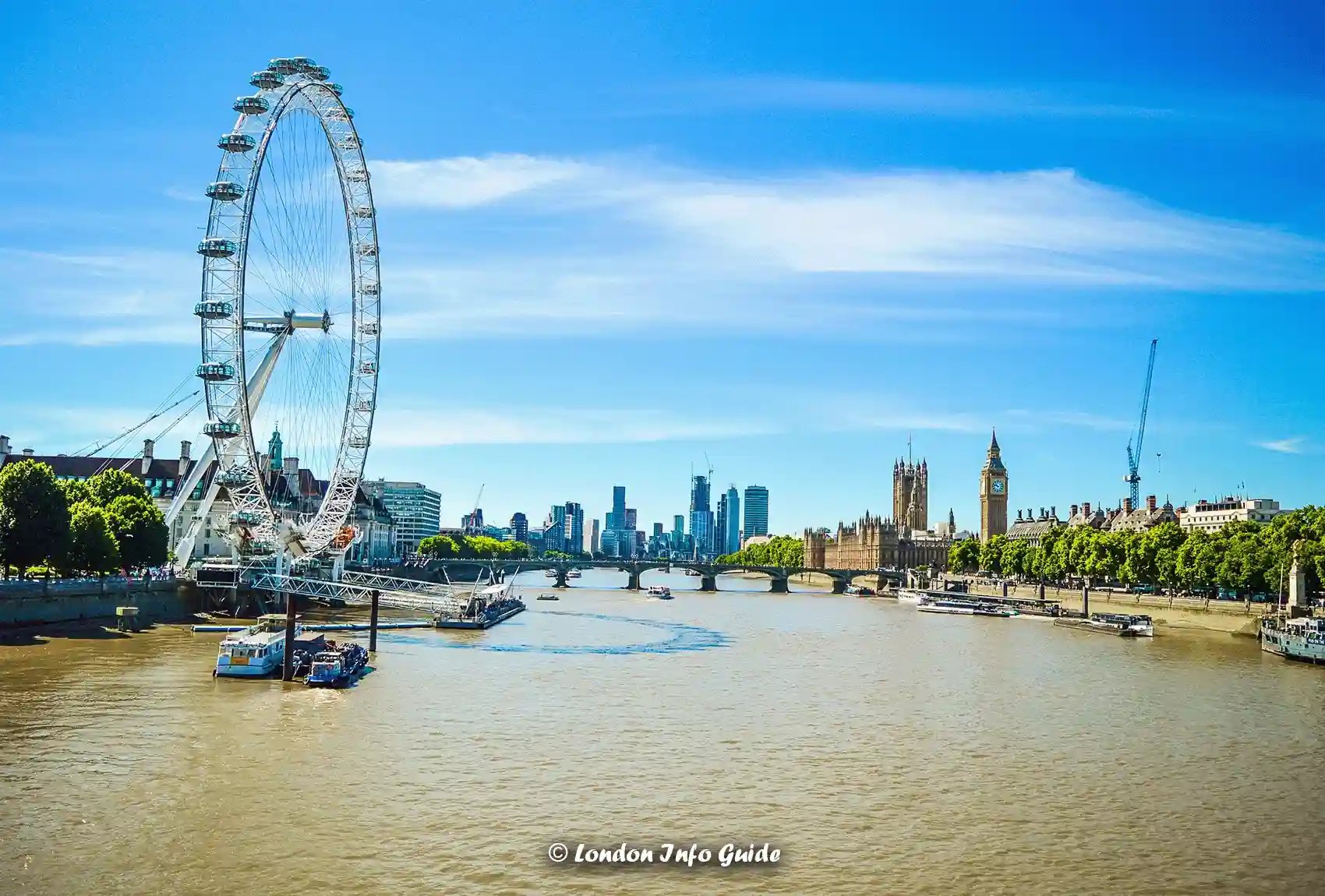 The London Eye offers breathtaking panoramic views of the River Thames and London’s iconic landmarks, including Big Ben and the Houses of Parliament. The iconic London Eye and River Thames with views of Big Ben and Westminster.