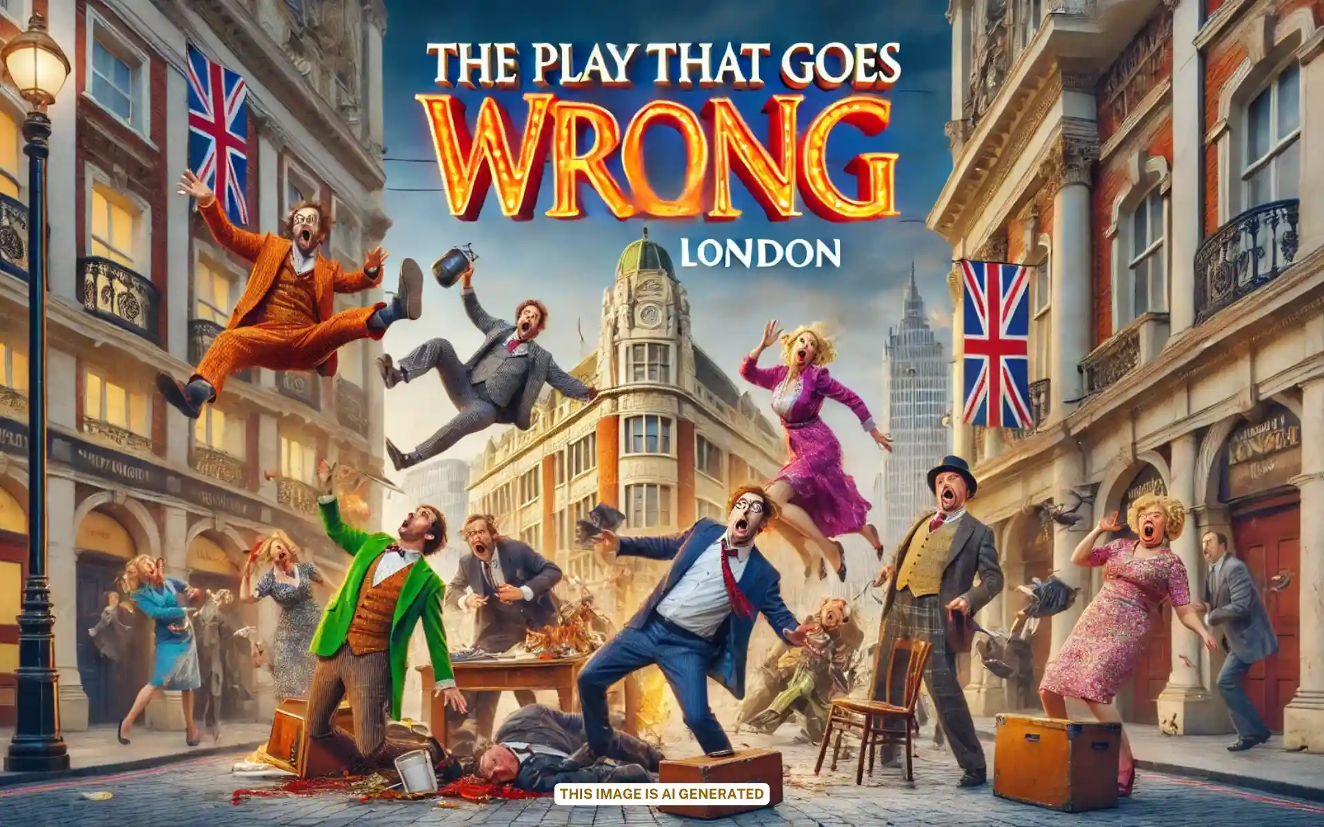 Chaotic comedic scene from 'The Play That Goes Wrong' in London.