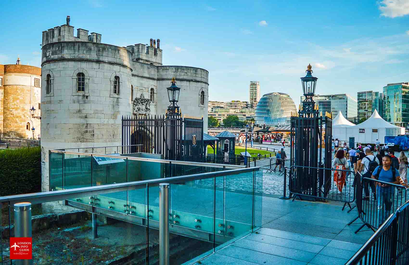 People walking past the main entrance of the tower. Tower of London main entrance.