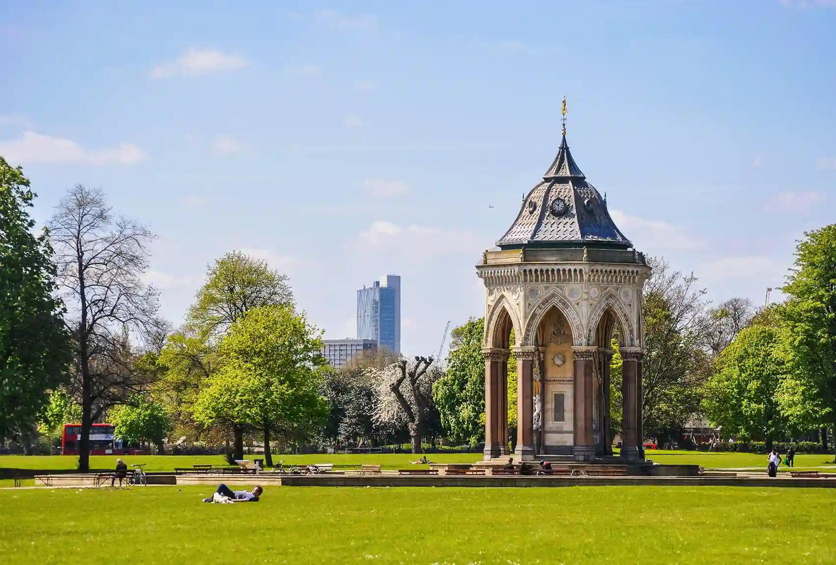 Victoria Park's iconic Victorian fountain, a favorite East London open space A sunny day at the Victorian fountain in Victoria Park, London