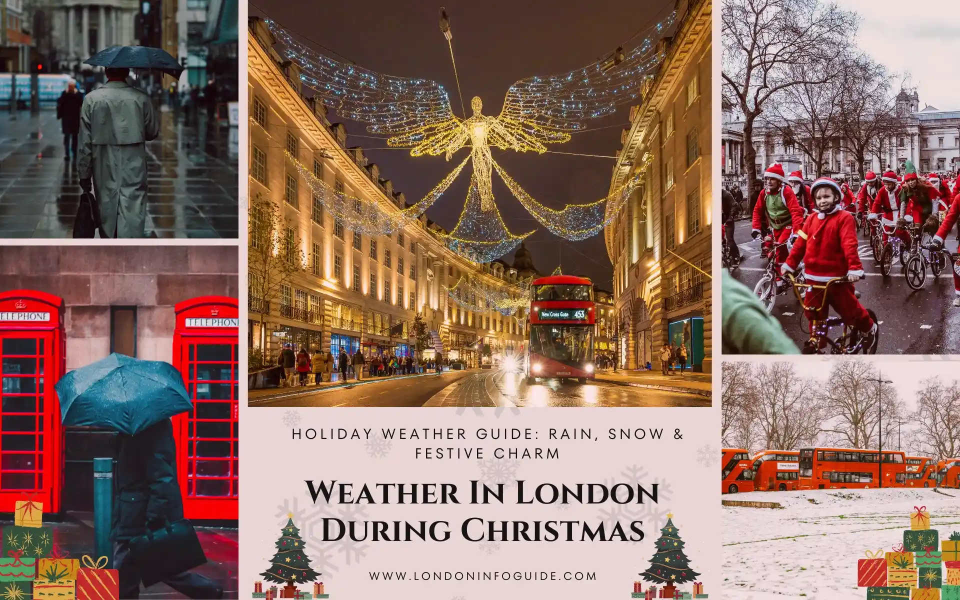 Collage of Christmas scenes in London, including Regent Street lights, red buses, phone booths, and festive events. Weather in London during Christmas scenes collage.