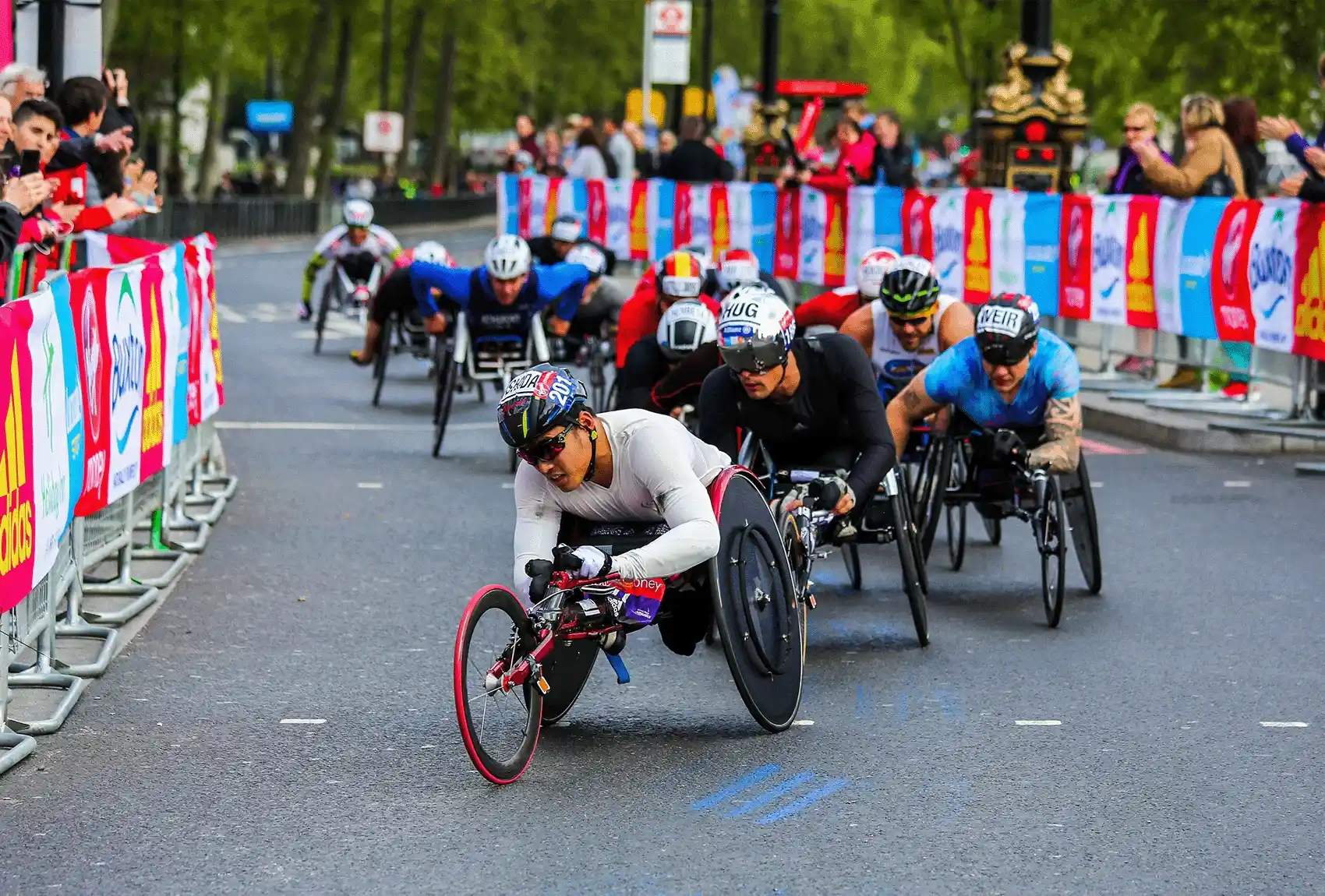 Men Wheelchair racers at the London marathon.